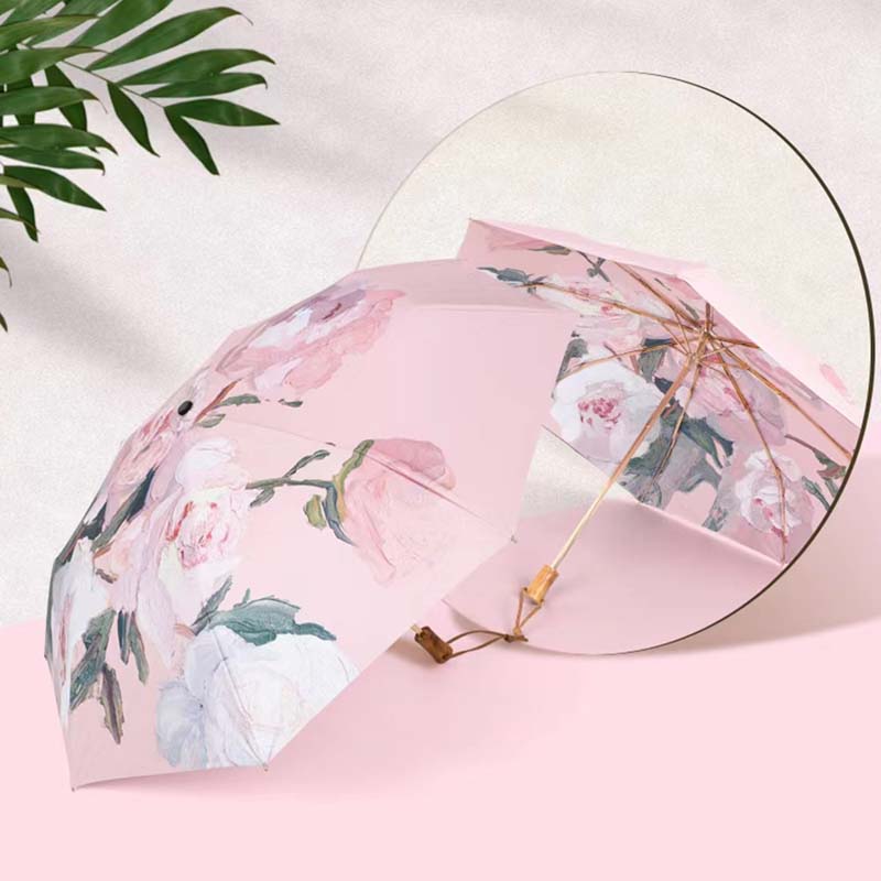 义乌好货10160油画三折双层伞面双面花金色架轻奢高档太阳伞女士折叠伞洋伞三折双层轻奢系高档洋伞