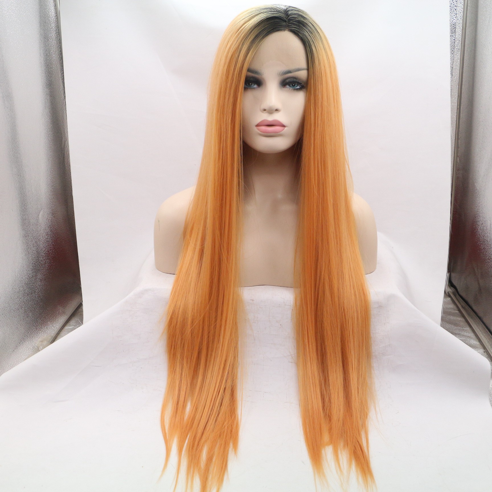 European and American fashion mid-length straight hair warm orange synthetic fiber wig women's head cover in stock wholesale