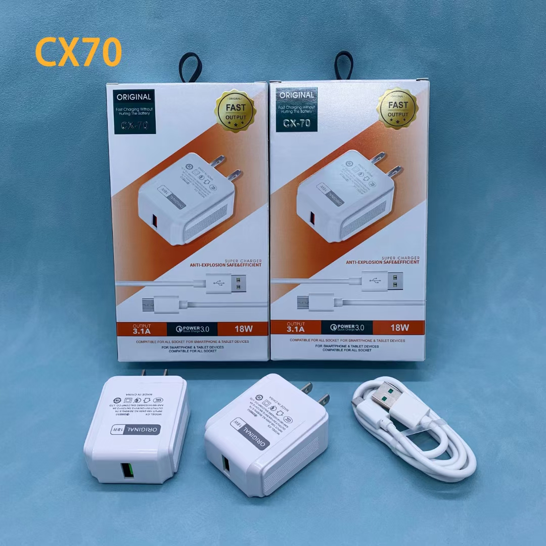 CX70 Multi-functional QC3.0 mobile phone fast charger is a universal charging head for various mobile phones including Apple, Huawei and Android