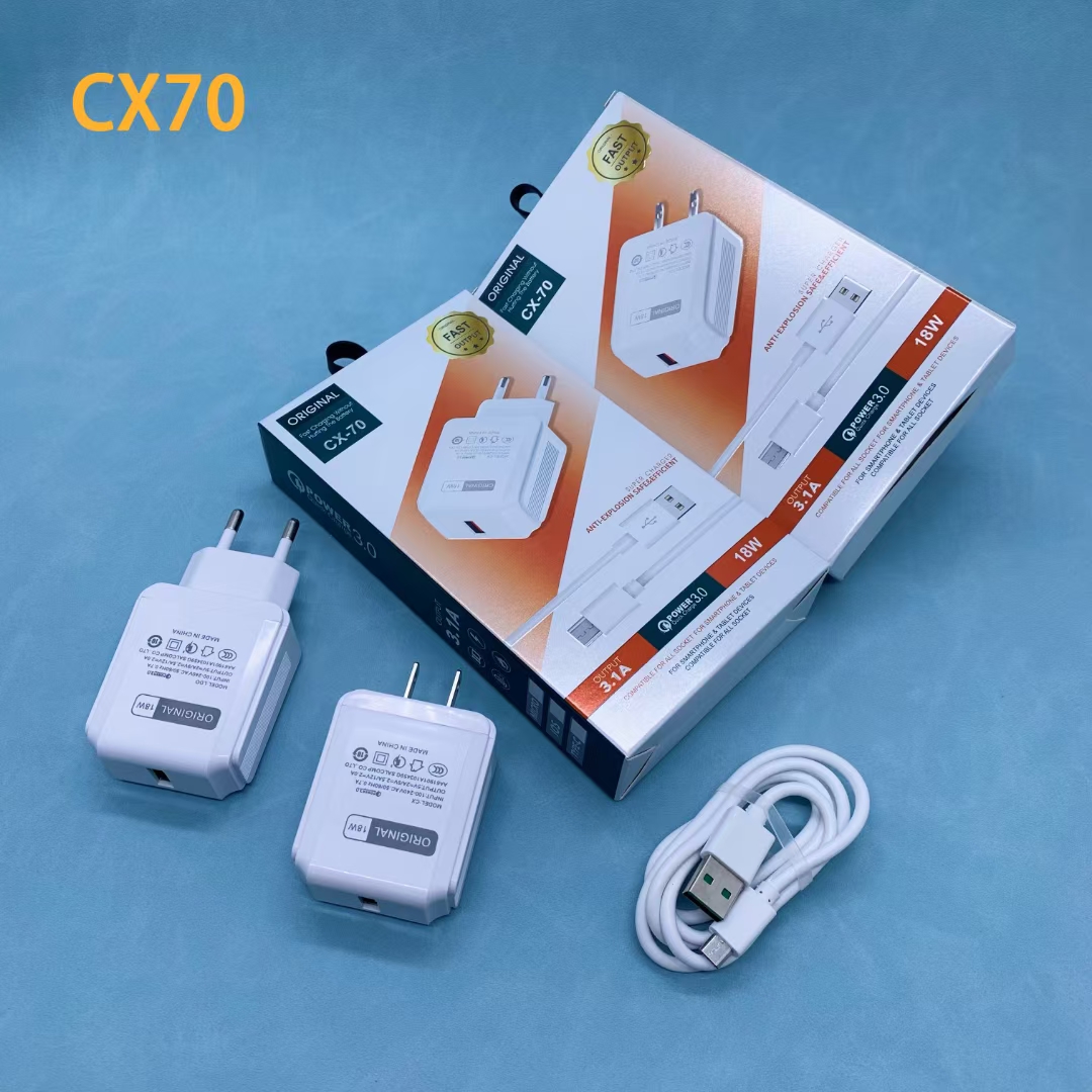 CX70 Multi-functional QC3.0 mobile phone fast charger is a universal charging head for various mobile phones including Apple, Huawei and Android Specification image