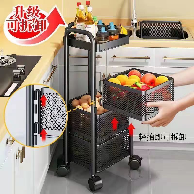 Detachable kitchen circular rotating floor-standing storage rack, multi-functional fruit and vegetable storage rack, snack storage rack Application Scenario