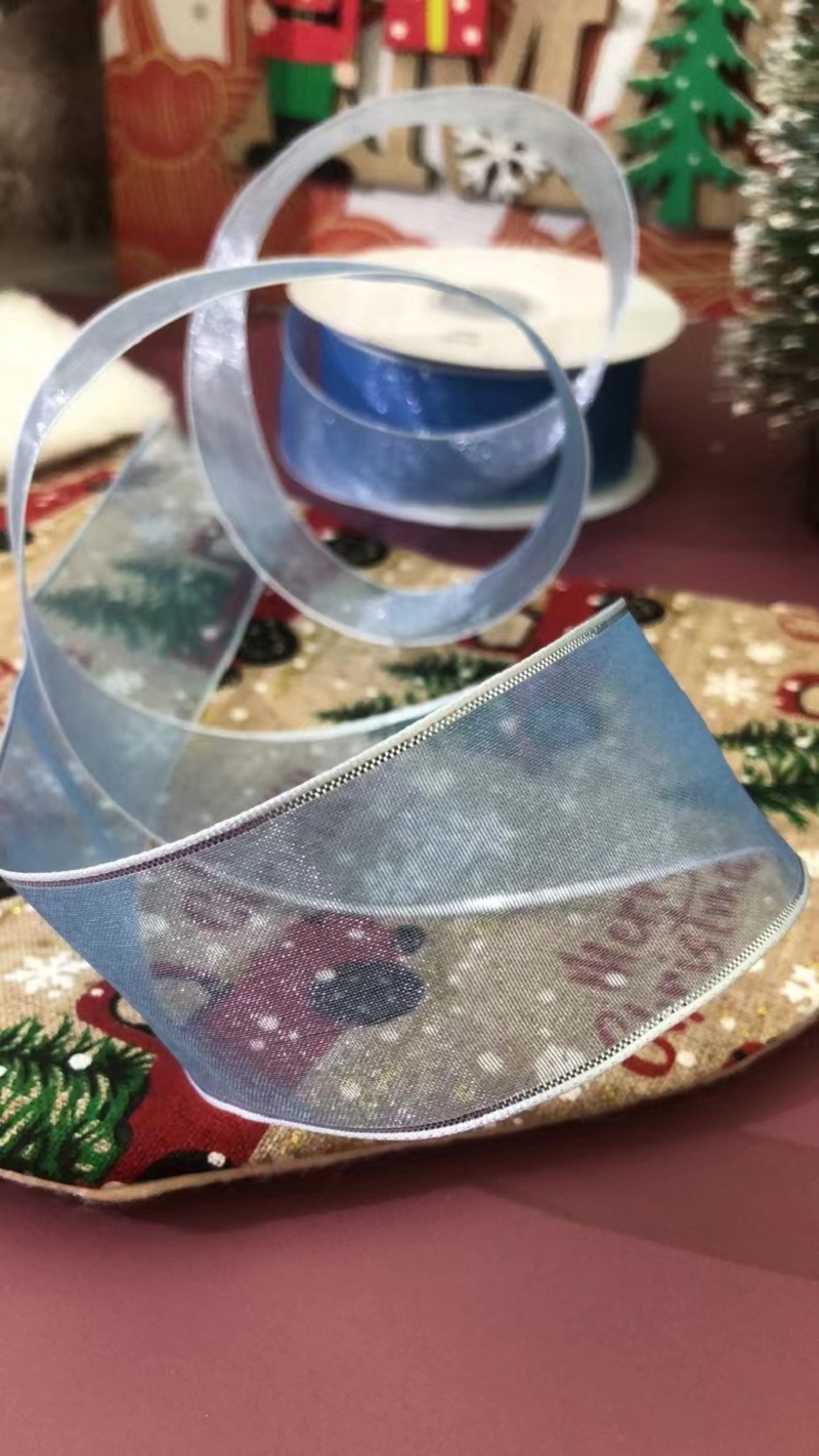 货号：1038圣诞礼品包装装饰圣诞树DIY浅蓝色雪纱双边铁丝织带3.8cm