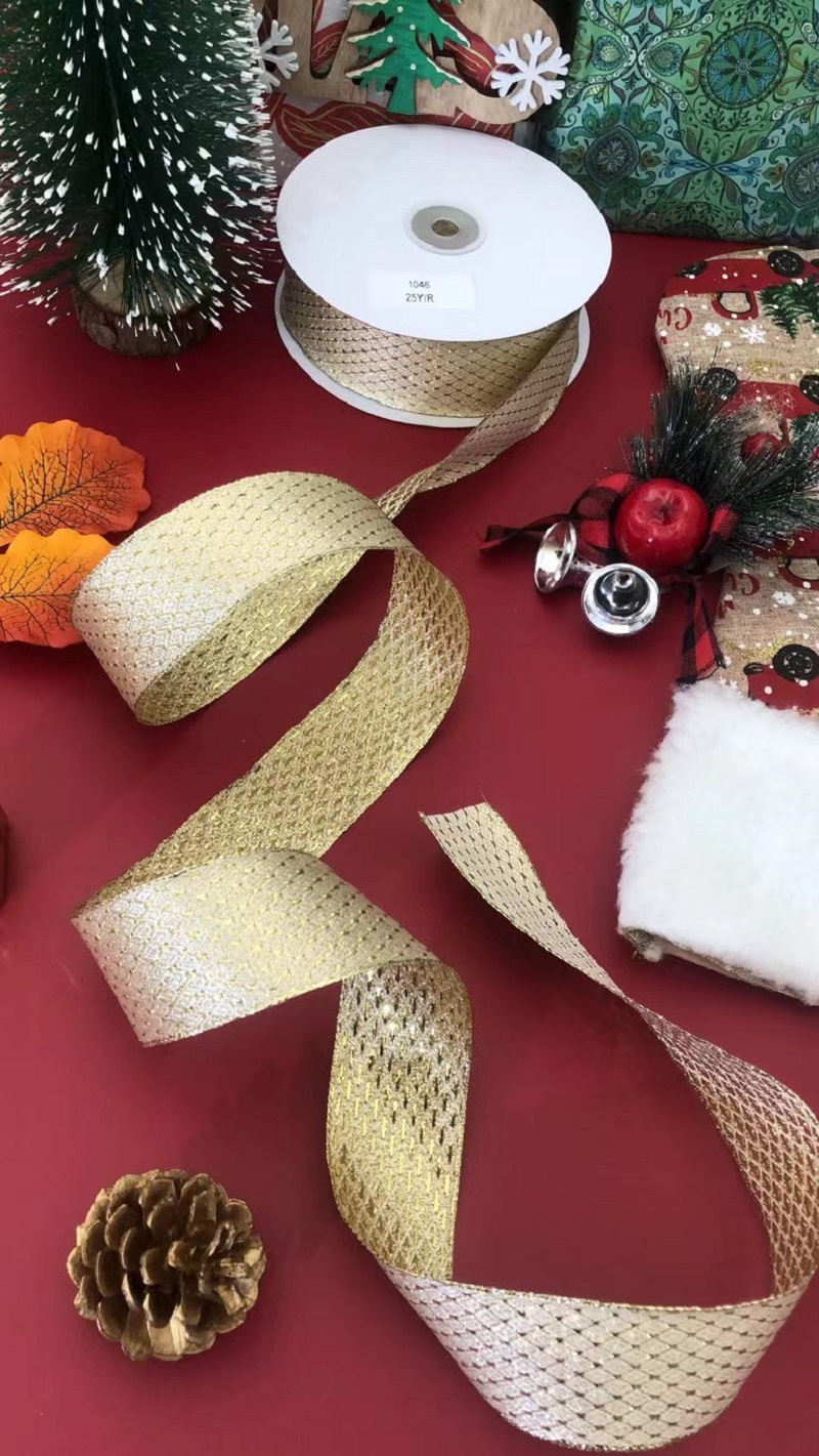 Item No. 1046 Christmas Gift Packaging Decoration Christmas Tree DIY Golden diamond-patterned Double-sided Wire Webbing 3.8cm