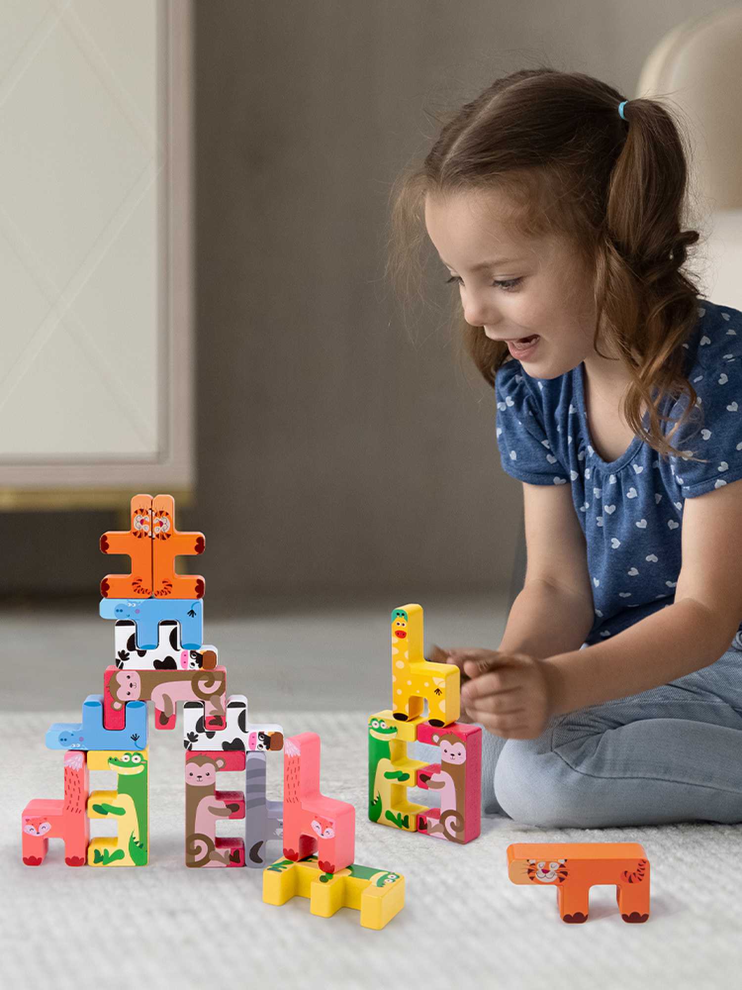 Creative animal tower building blocks, educational wooden assembly, fun early education children's toys for boys and girls, stacking fun details Picture