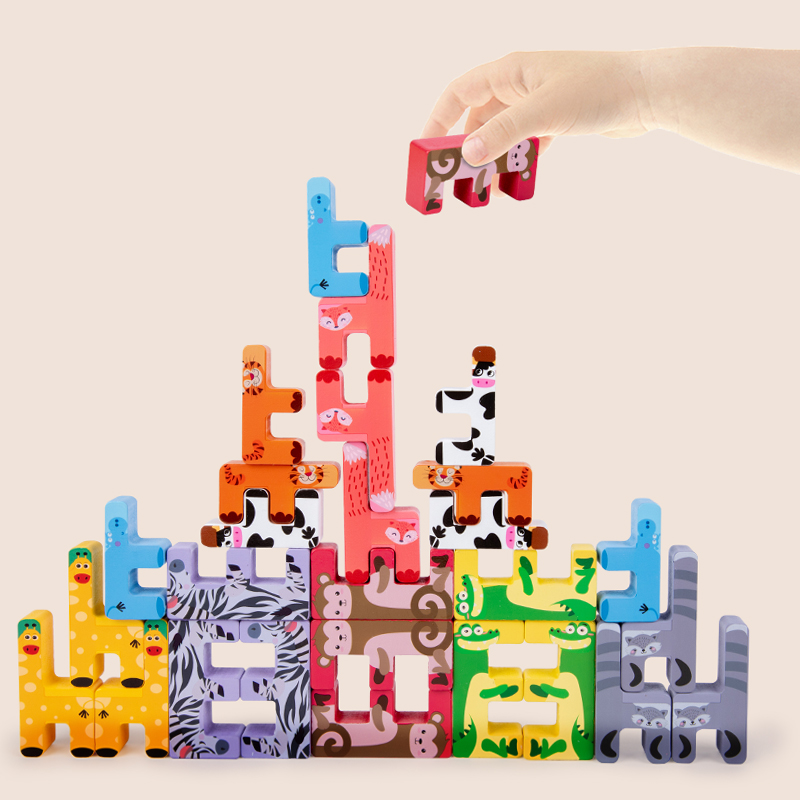 Creative animal tower building blocks, educational wooden assembly, fun early education children's toys for boys and girls, stacking fun Application Scenario