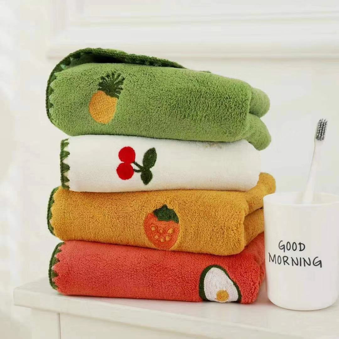 Fruit embroidery towels are better than pure cotton absorbent towels. Household towels for washing faces, coral fleece face towels, women's quick-drying towels that don't shed lint, dry hair towels, and household towels for bathing wholesale Specification image