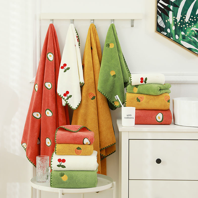 Fruit embroidery towels are better than pure cotton absorbent towels. Household towels for washing faces, coral fleece face towels, women's quick-drying towels that don't shed lint, dry hair towels, and household towels for bathing wholesale Item Picture
