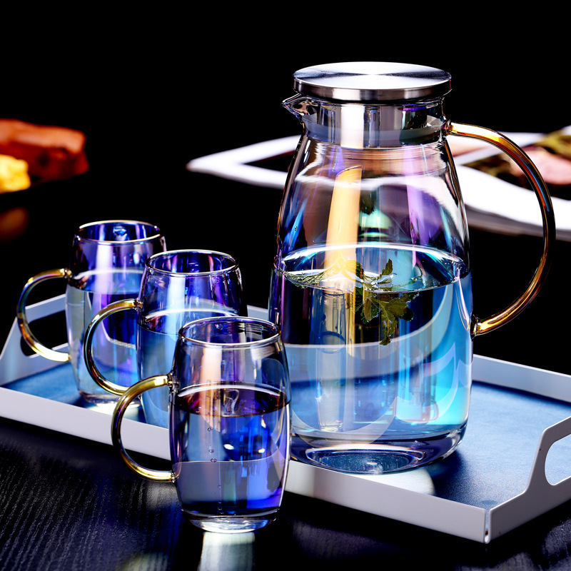 Colorful glass cold water bottle, simple household large-capacity cold water bottle set, anti-explosion and high-temperature resistant glass cold water bottle details Picture