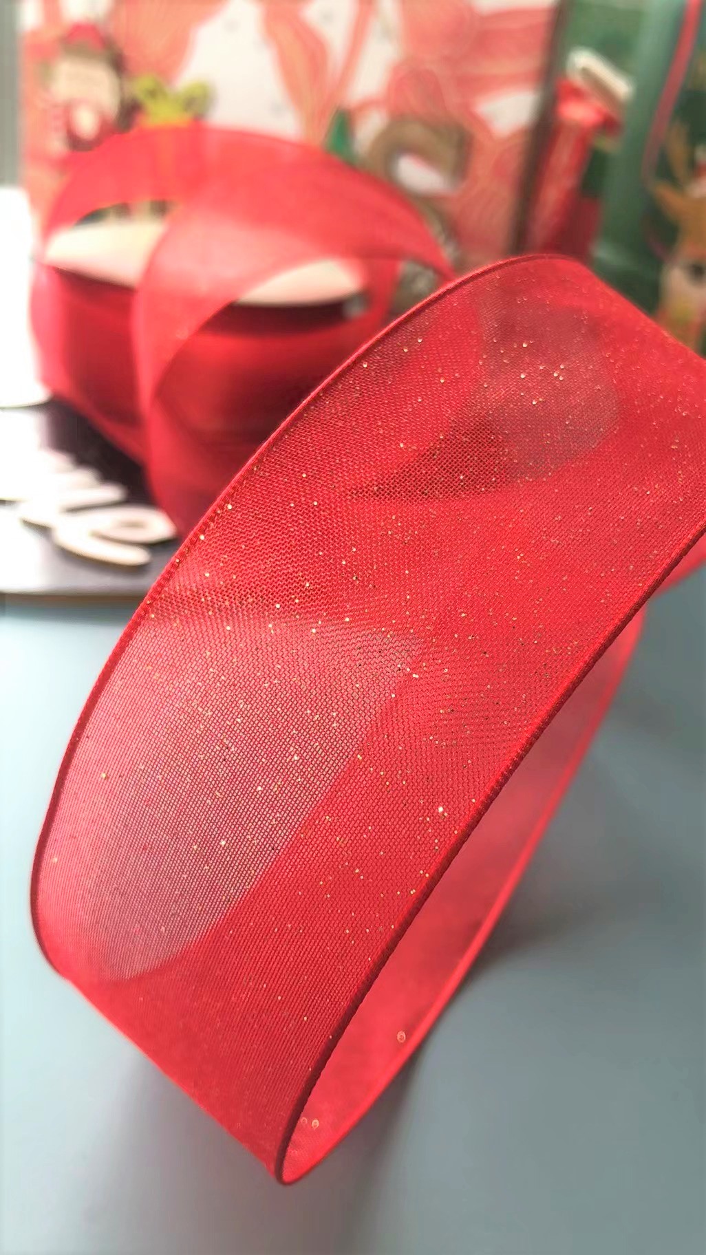 Item No. : 1091 Christmas Gift Packaging Decoration DIY Red Snow Yarn Spray Silver Onion Double-sided Iron Wire Webbing 3.8cm details Picture
