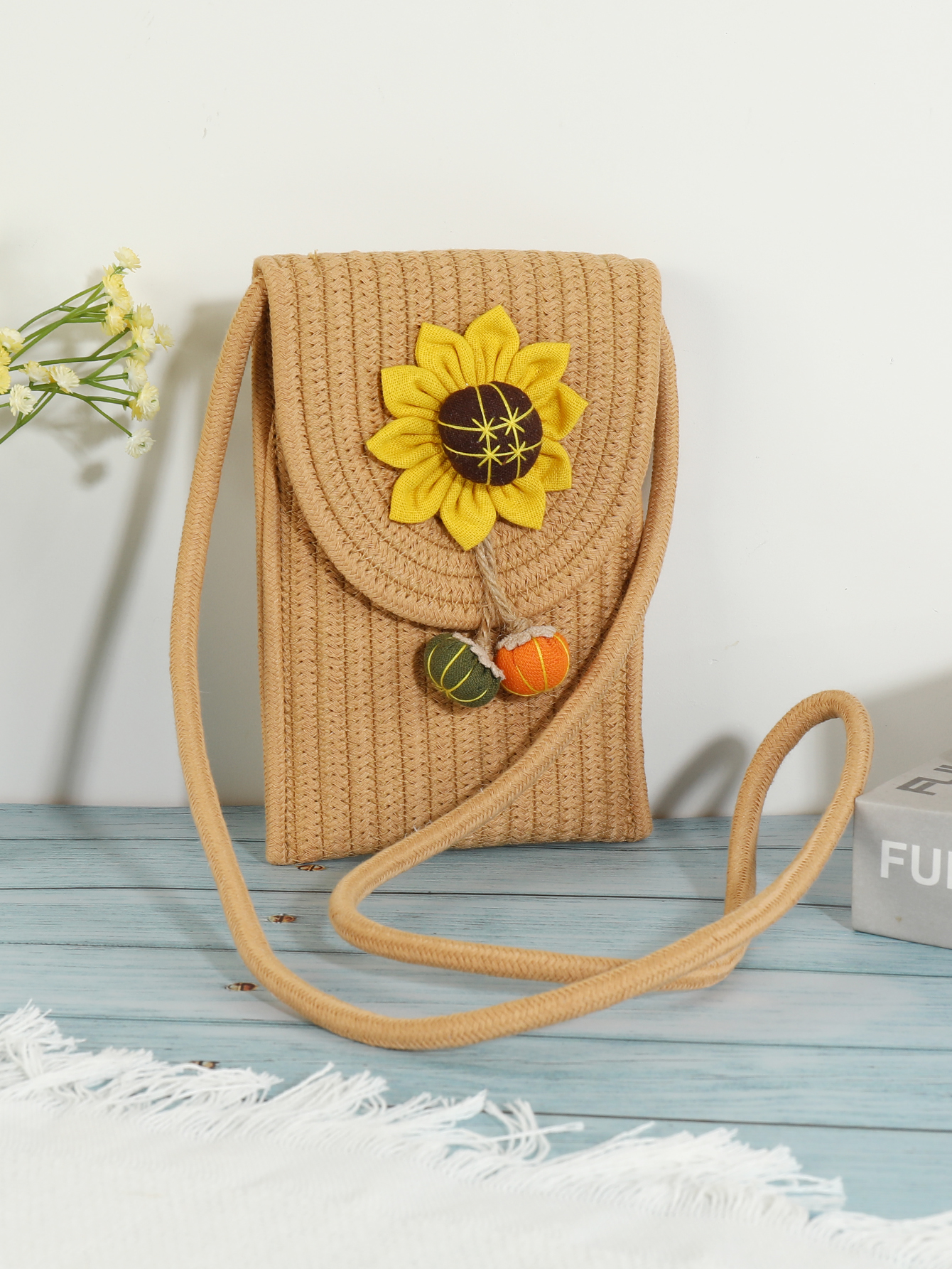 百搭可爱向日葵斜跨棉麻手机编织小方包 福椰 13