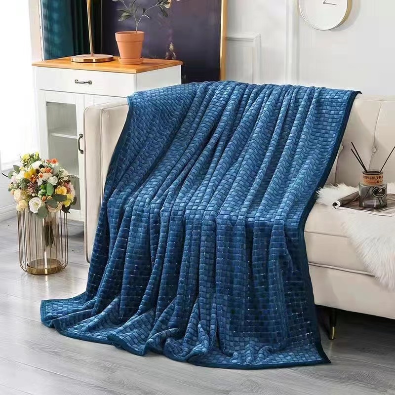 法兰绒毛毯、AB纱格子毯，单层包边法兰绒毛毯图