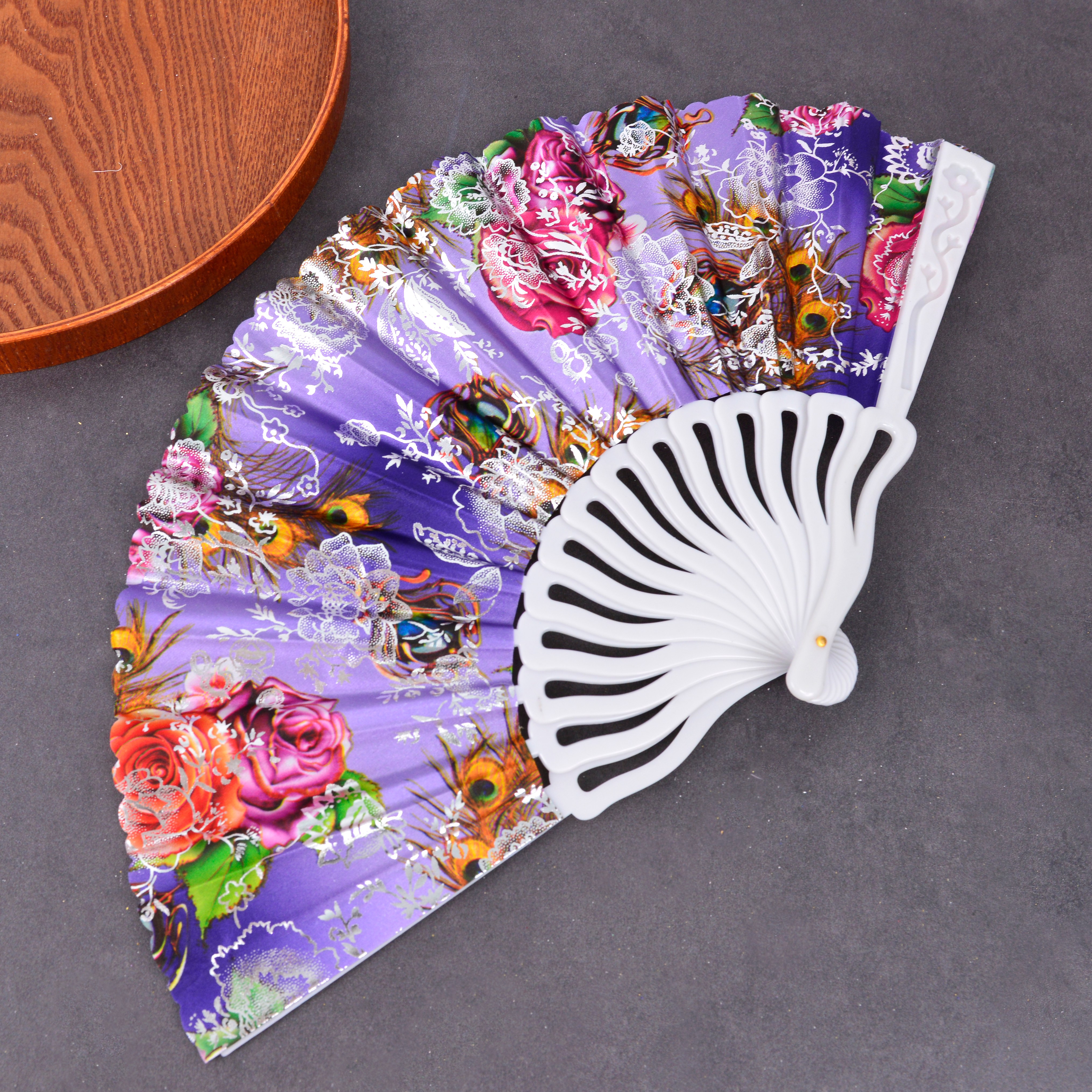 白杆金粉印粉扇子中国风/竹扇绸布印花扇子/烫金烫银扇子细节图