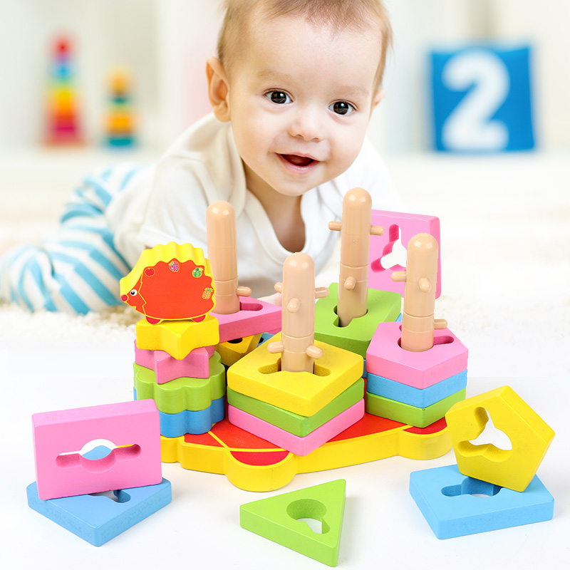 Educational wooden geometric shape set columns, color and shape recognition, fun cognitive toys for boys and girls, building block stacking game details Picture
