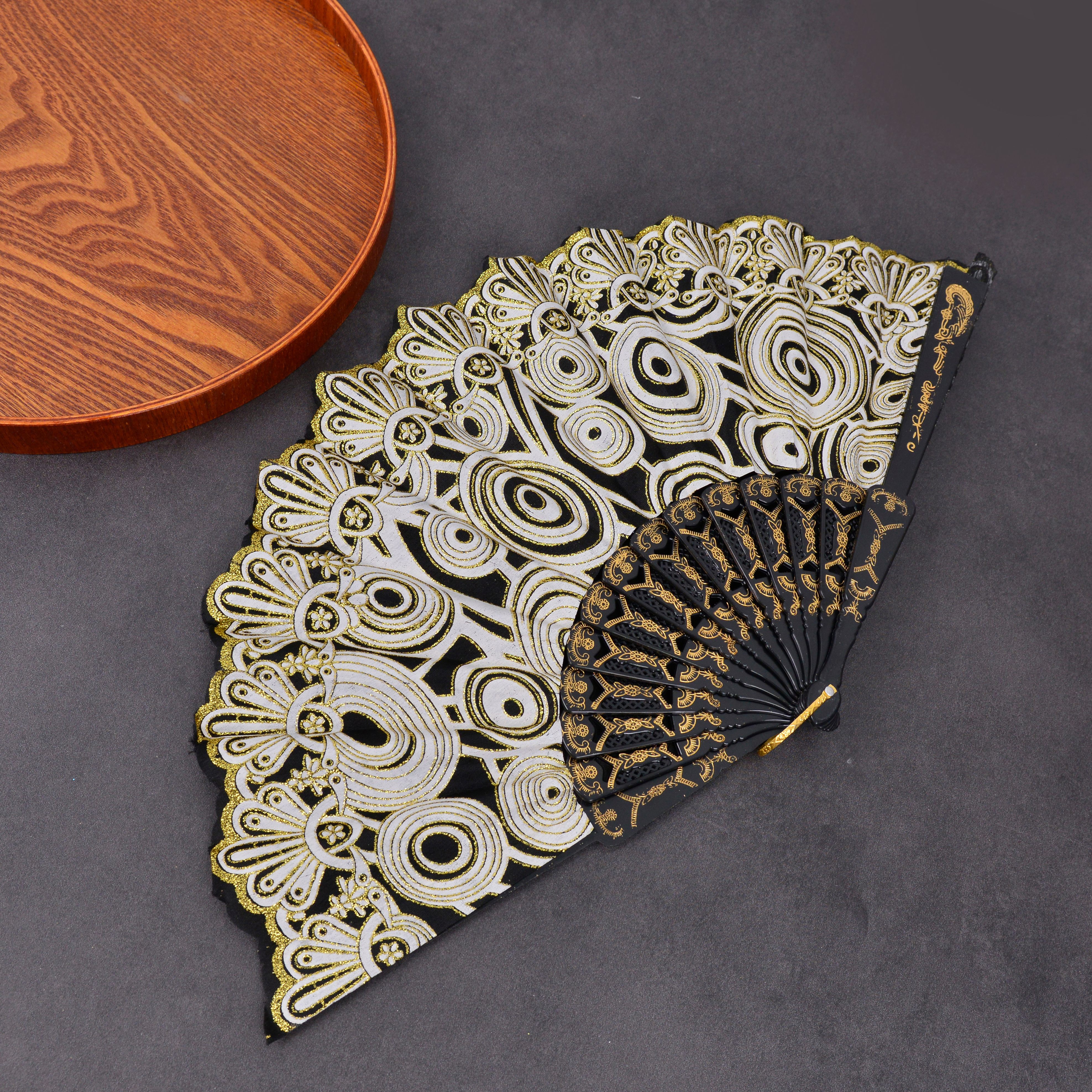 白杆金粉印粉扇子中国风/烫金烫银扇子/竹扇绸布印花扇子产品图