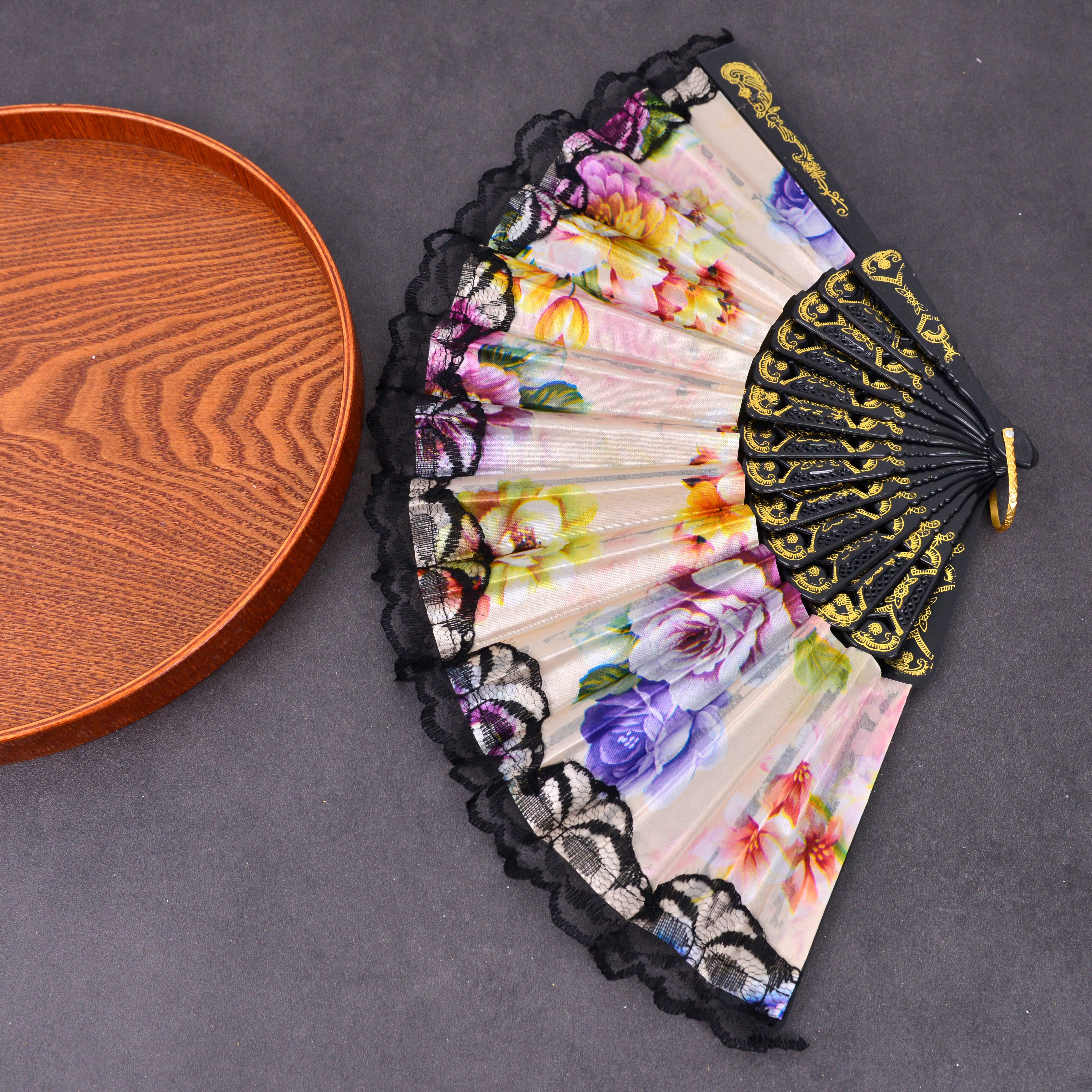 白杆金粉印粉扇子中国风/烫金烫银扇子/竹扇绸布印花扇子白底实物图