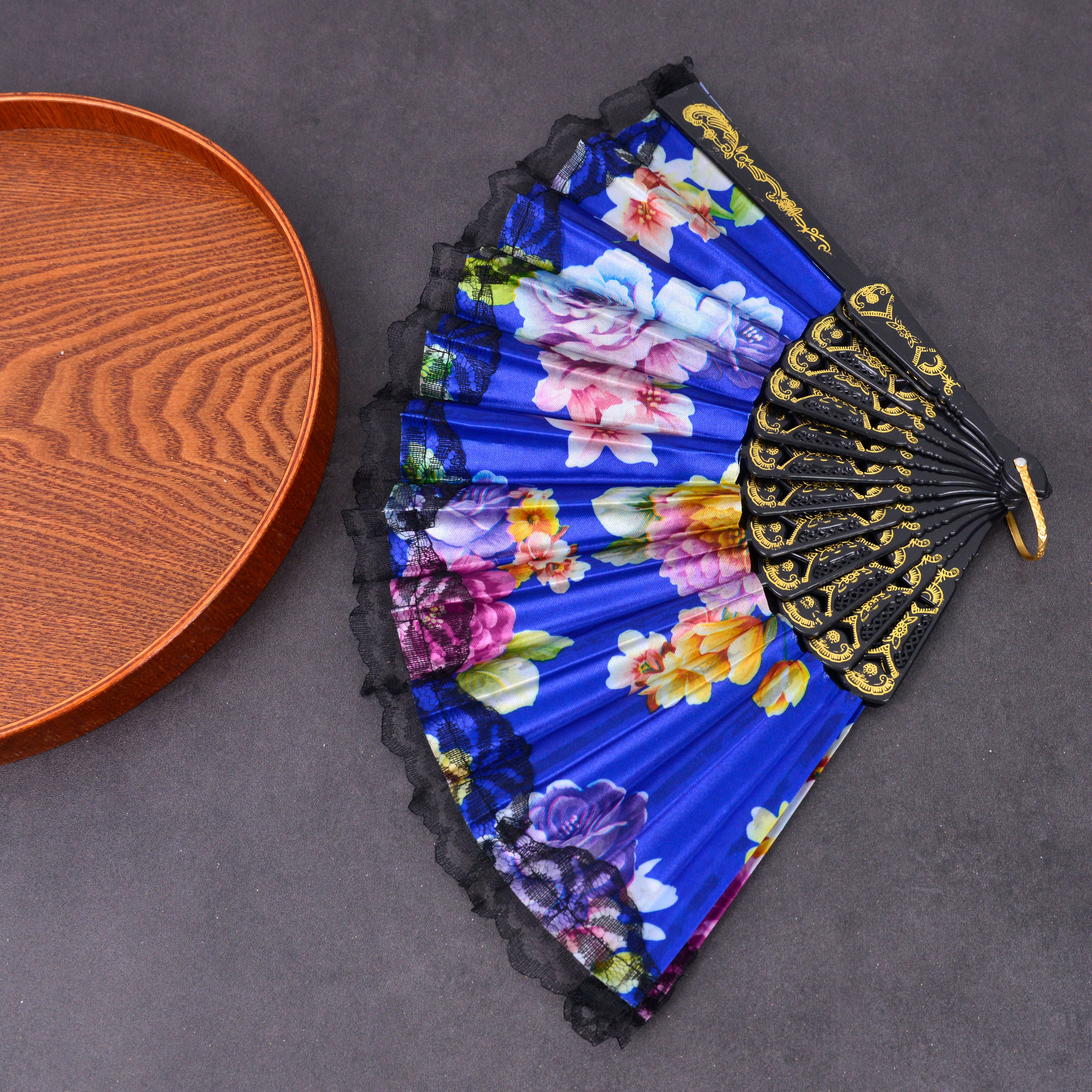 白杆金粉印粉扇子中国风/烫金烫银扇子/竹扇绸布印花扇子产品图