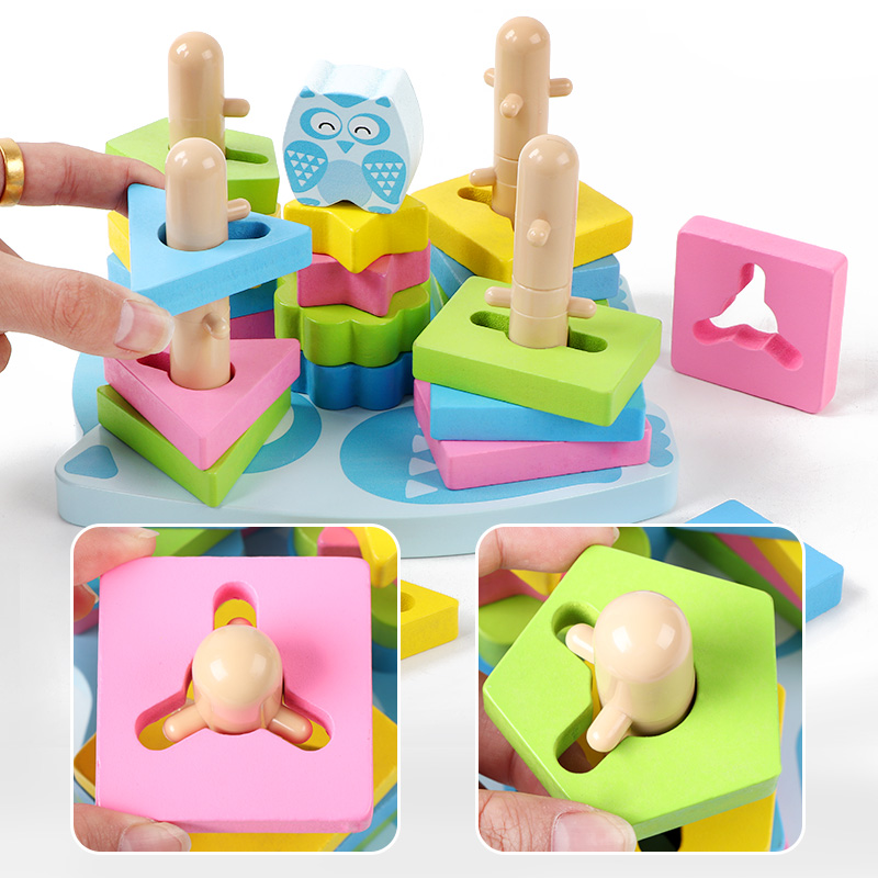 Educational wooden geometric shape set columns, color and shape recognition, fun cognitive toys for boys and girls, building block stacking game Application Scenario