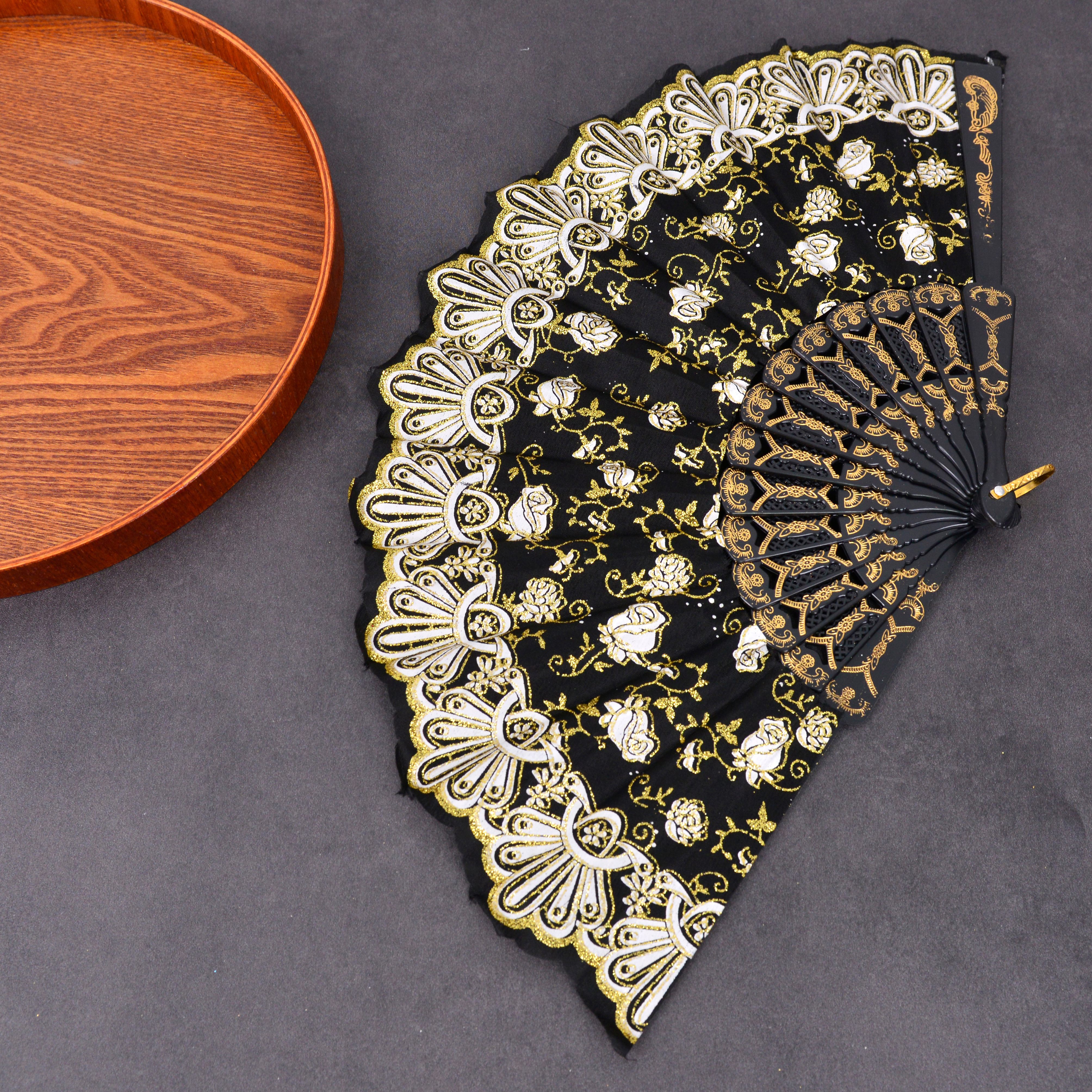 白杆金粉印粉扇子中国风/烫金烫银扇子/竹扇绸布印花扇子白底实物图