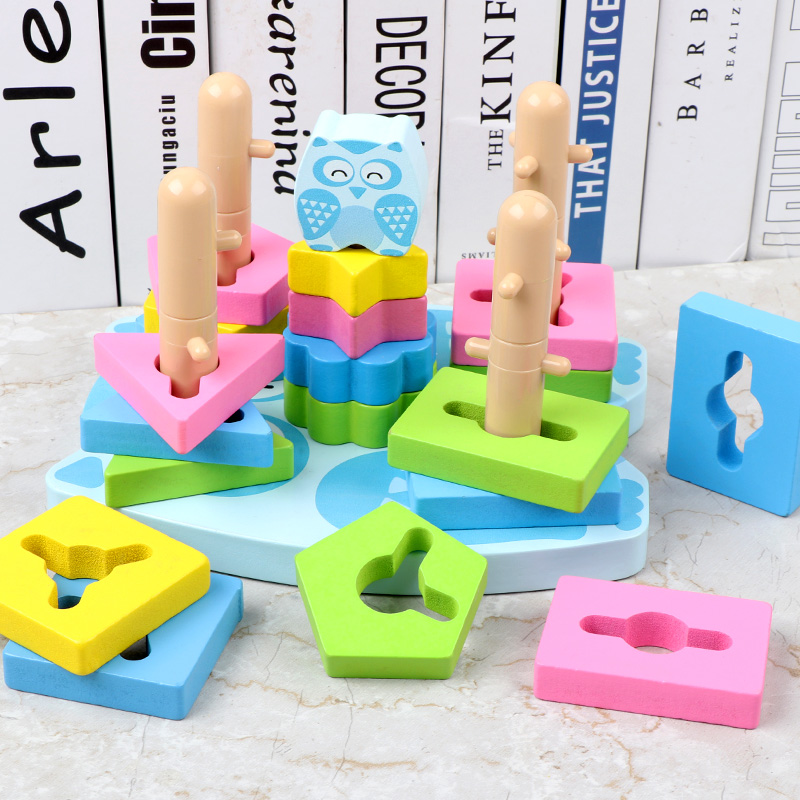 Educational wooden geometric shape set columns, color and shape recognition, fun cognitive toys for boys and girls, building block stacking game Item Picture