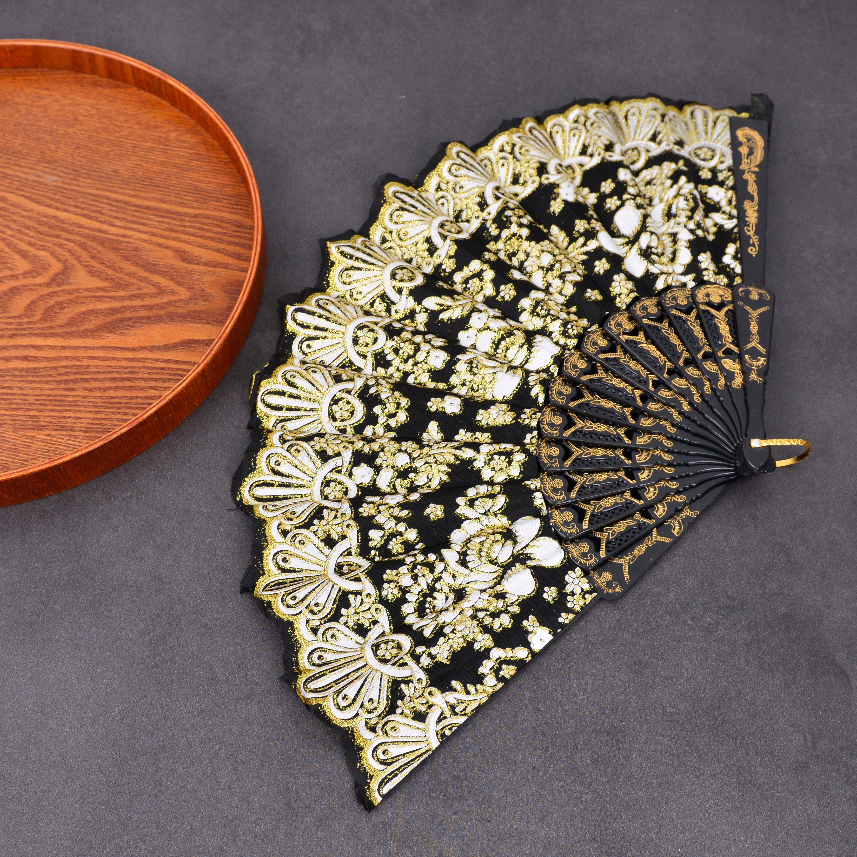 白杆金粉印粉扇子中国风/烫金烫银扇子/竹扇绸布印花扇子细节图