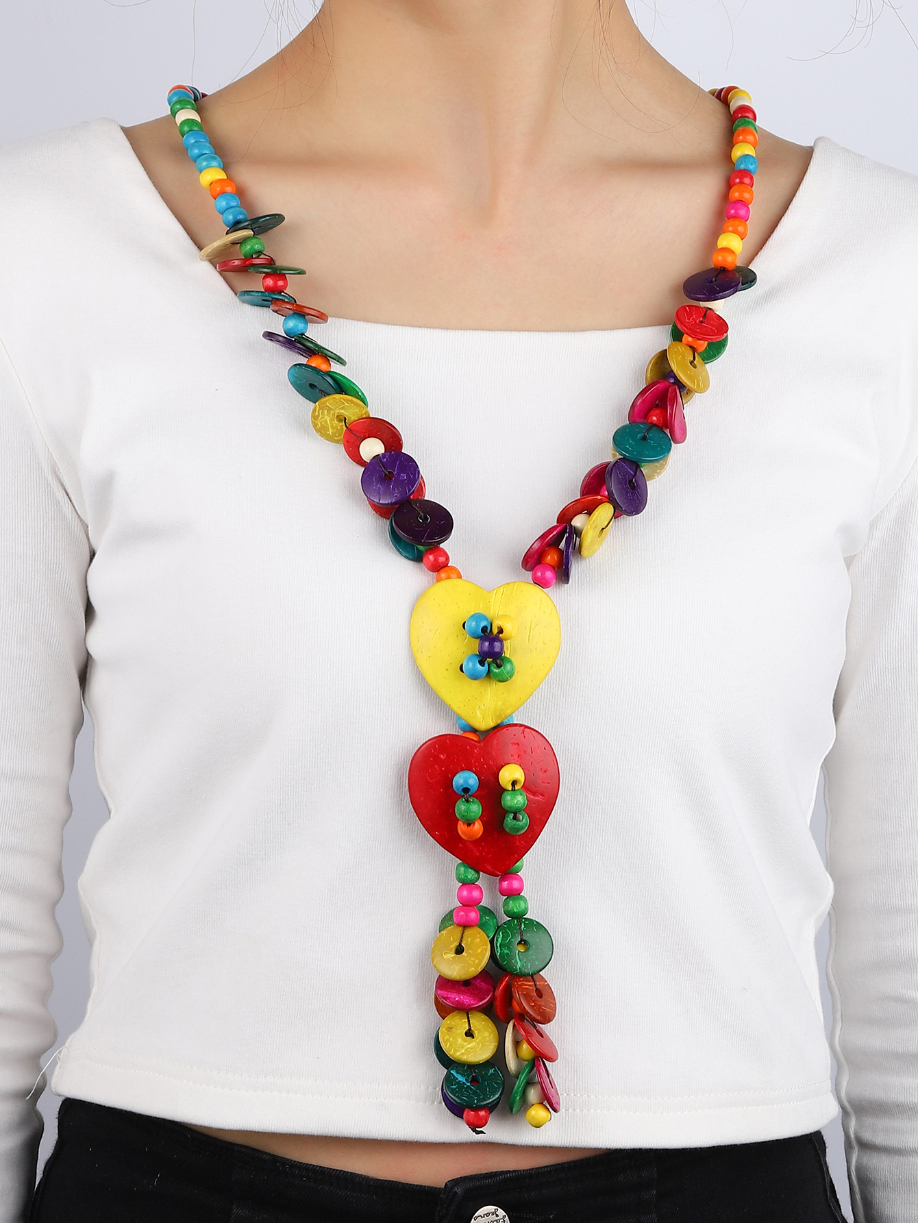 波西米亚彩色纯手工天然椰壳桃心串珠项链 福椰 179