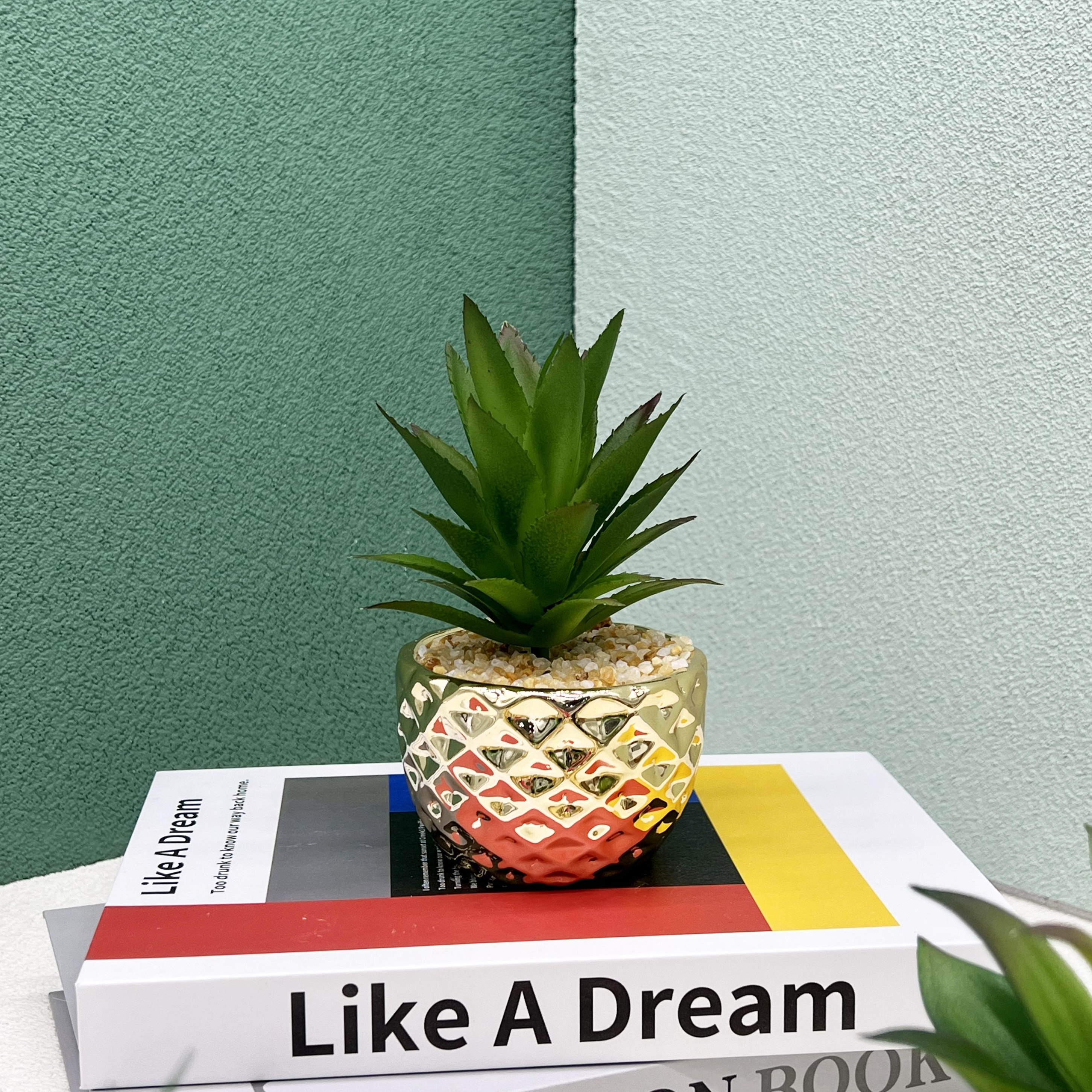 简约欧式风格/电镀陶瓷花盆/仿真多肉植株细节图