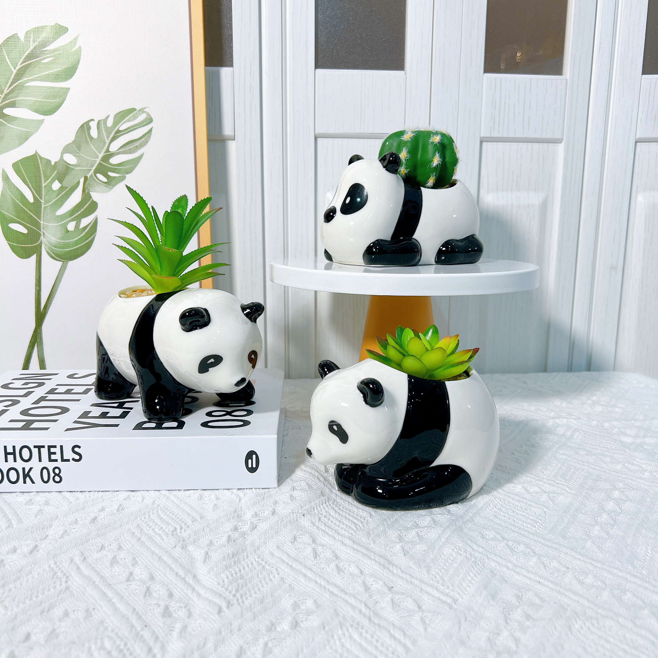 新款跨境亚马逊多肉盆栽欧式熊猫多肉花盆白瓷动物花盆陶瓷花盆图
