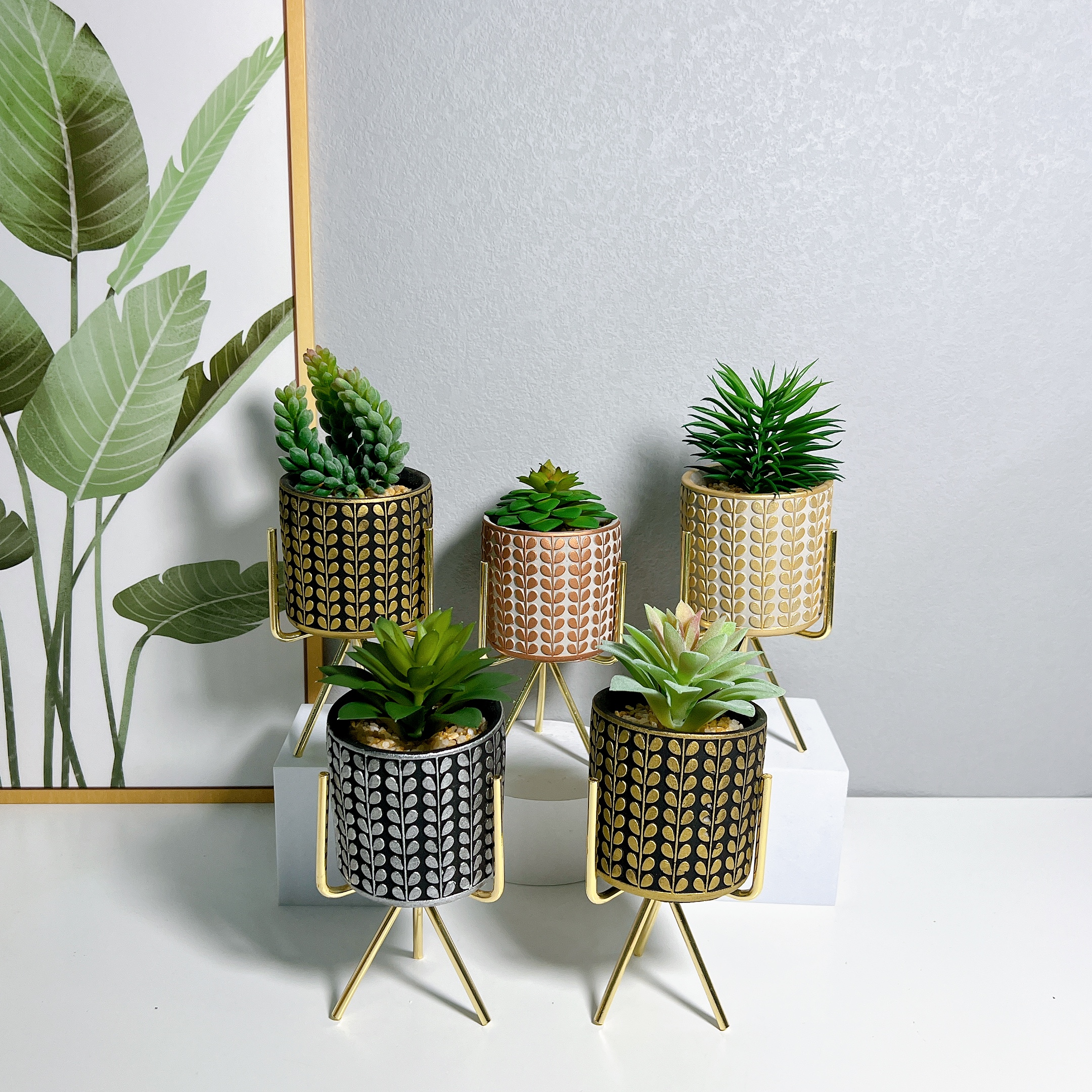 铁艺镀金水泥盆仿真多肉植物盆栽创意摆件家居厂家直供仿真植物