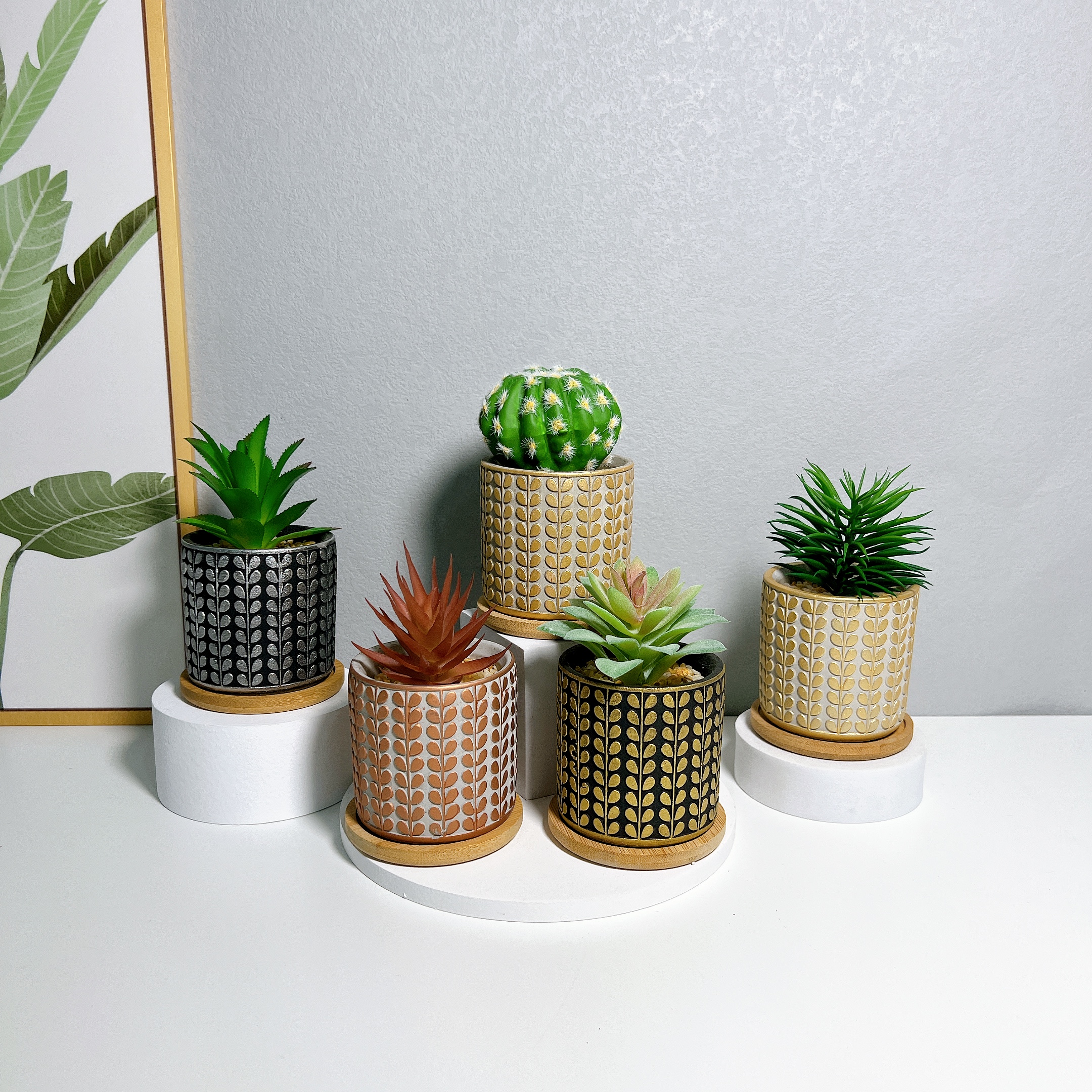 镀金水泥盆仿真多肉植物盆栽带木托创意摆件家居厂家直供麦穗