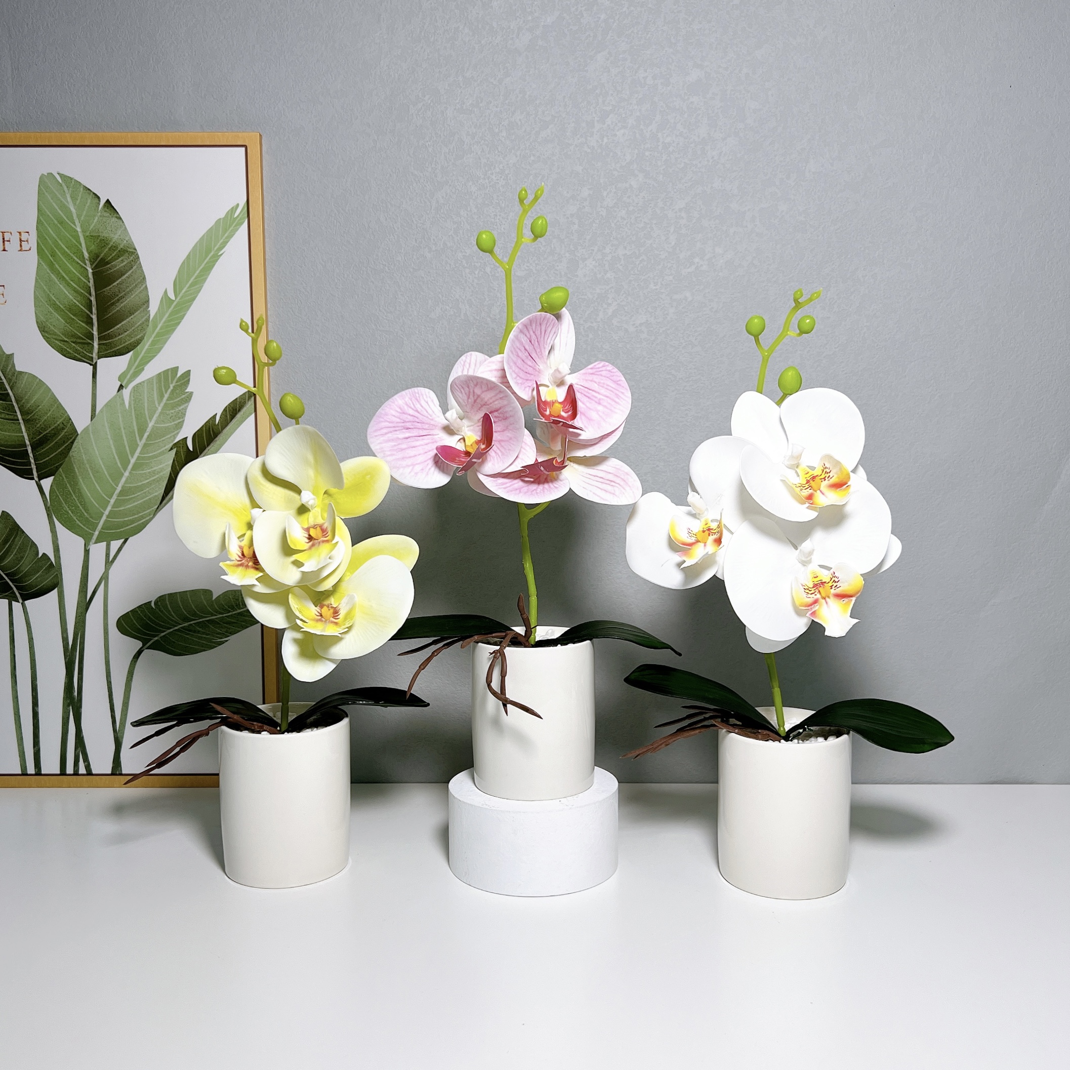 新款陶瓷三花蝴蝶兰花盆盆景创意室内摆件仿真花厂家直供人造植物