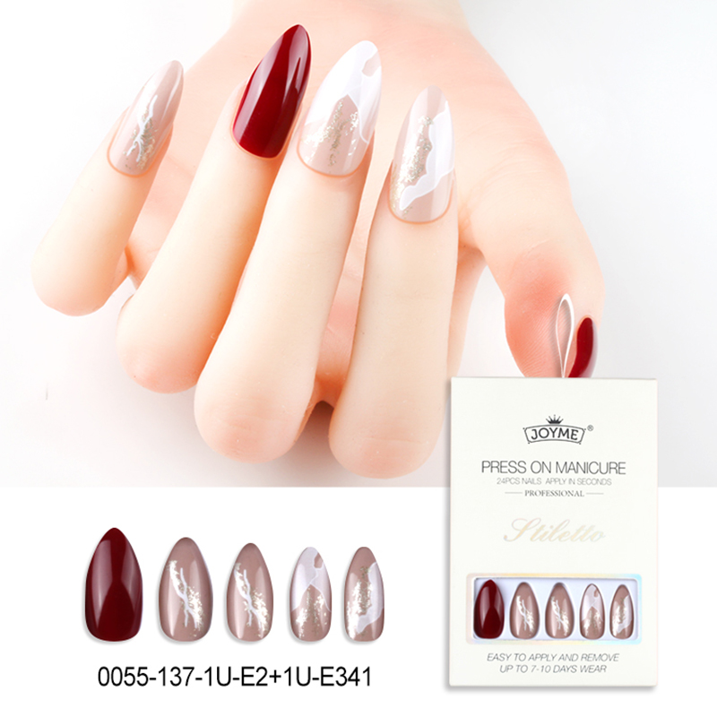 新款尖头欧美酒红色显白穿戴甲美甲贴片丝带雾面美甲贴穿戴式指甲贴片