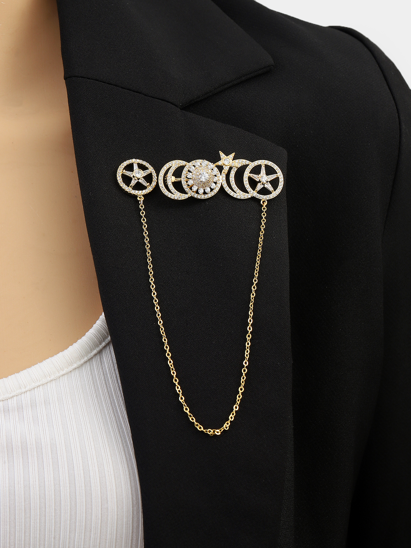 Xuhui brand premium copper plated with real gold and set with zircon, retro rotating star and moon, fashionable and trendy high-quality brooch details Picture