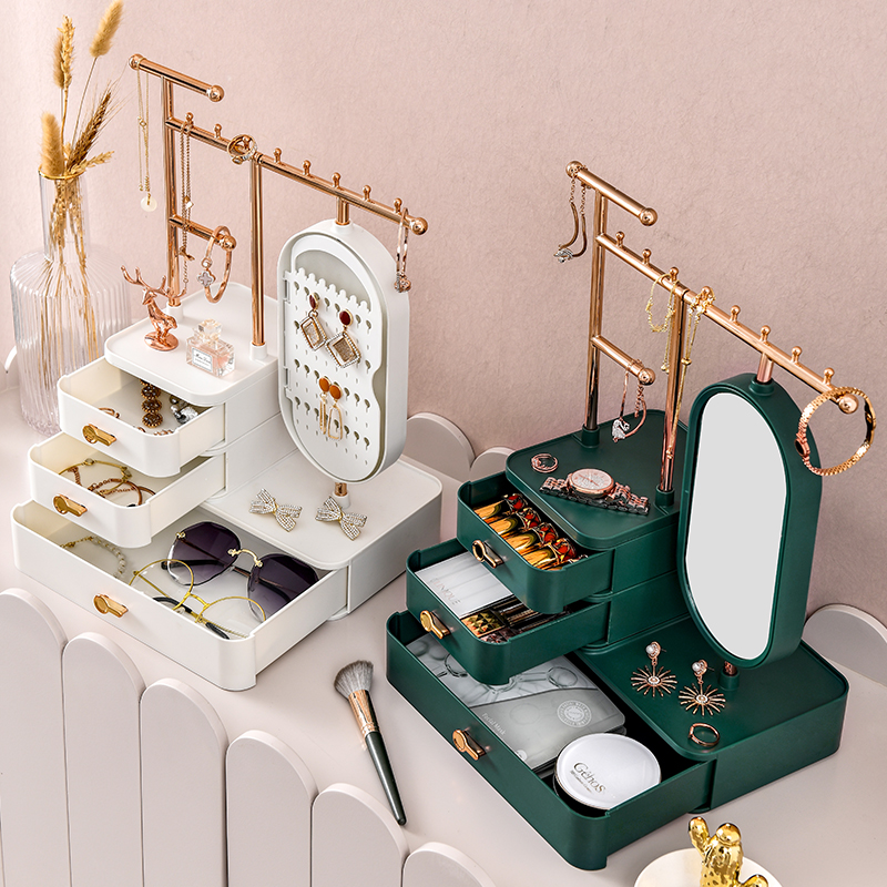 Cosmetics storage box, high-end and exquisite mirror, multi-functional desktop, lipstick dressing table, skin care products and jewelry shelf Item Picture