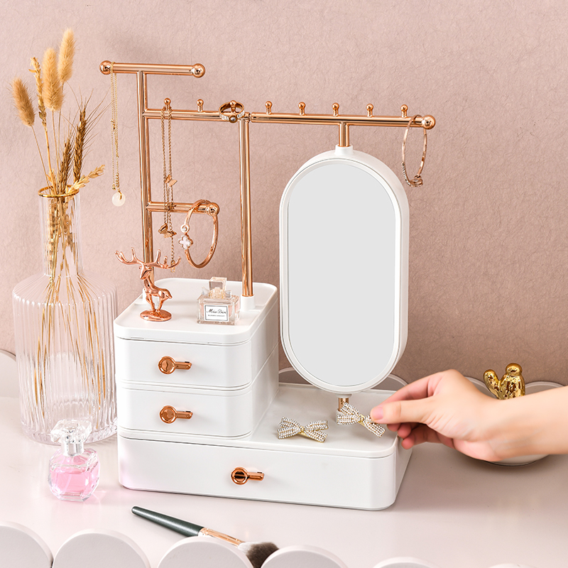 Cosmetics storage box, high-end and exquisite mirror, multi-functional desktop, lipstick dressing table, skin care products and jewelry shelf Application Scenario