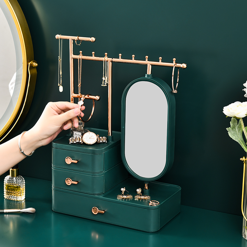 Cosmetics storage box, high-end and exquisite mirror, multi-functional desktop, lipstick dressing table, skin care products and jewelry shelf details Picture