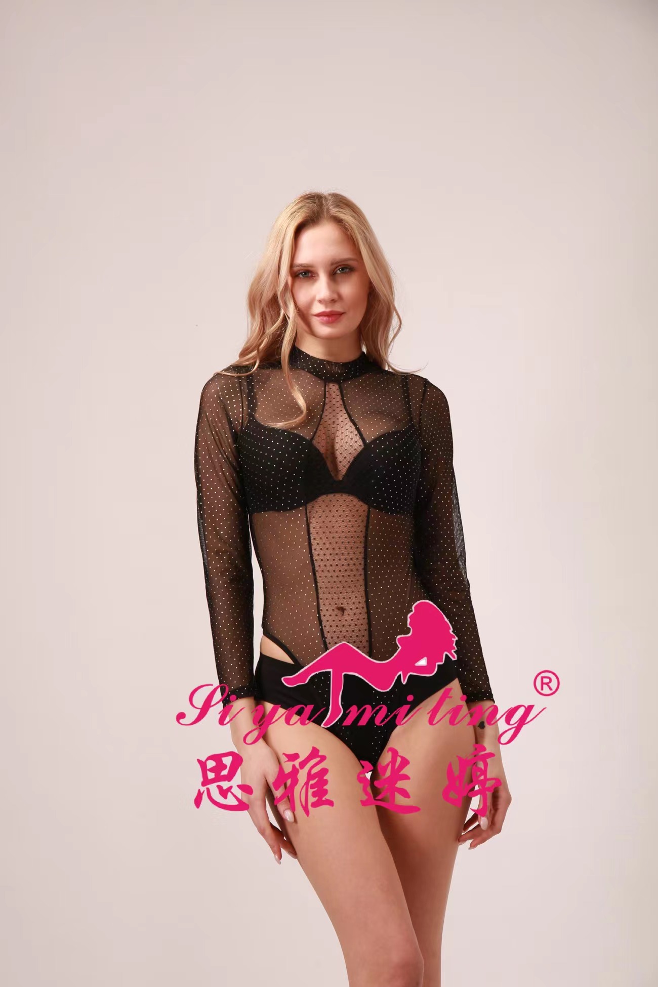 A seductive and sexy long-sleeved, transparent, alluring and charming tight-fitting jumpsuit details Picture