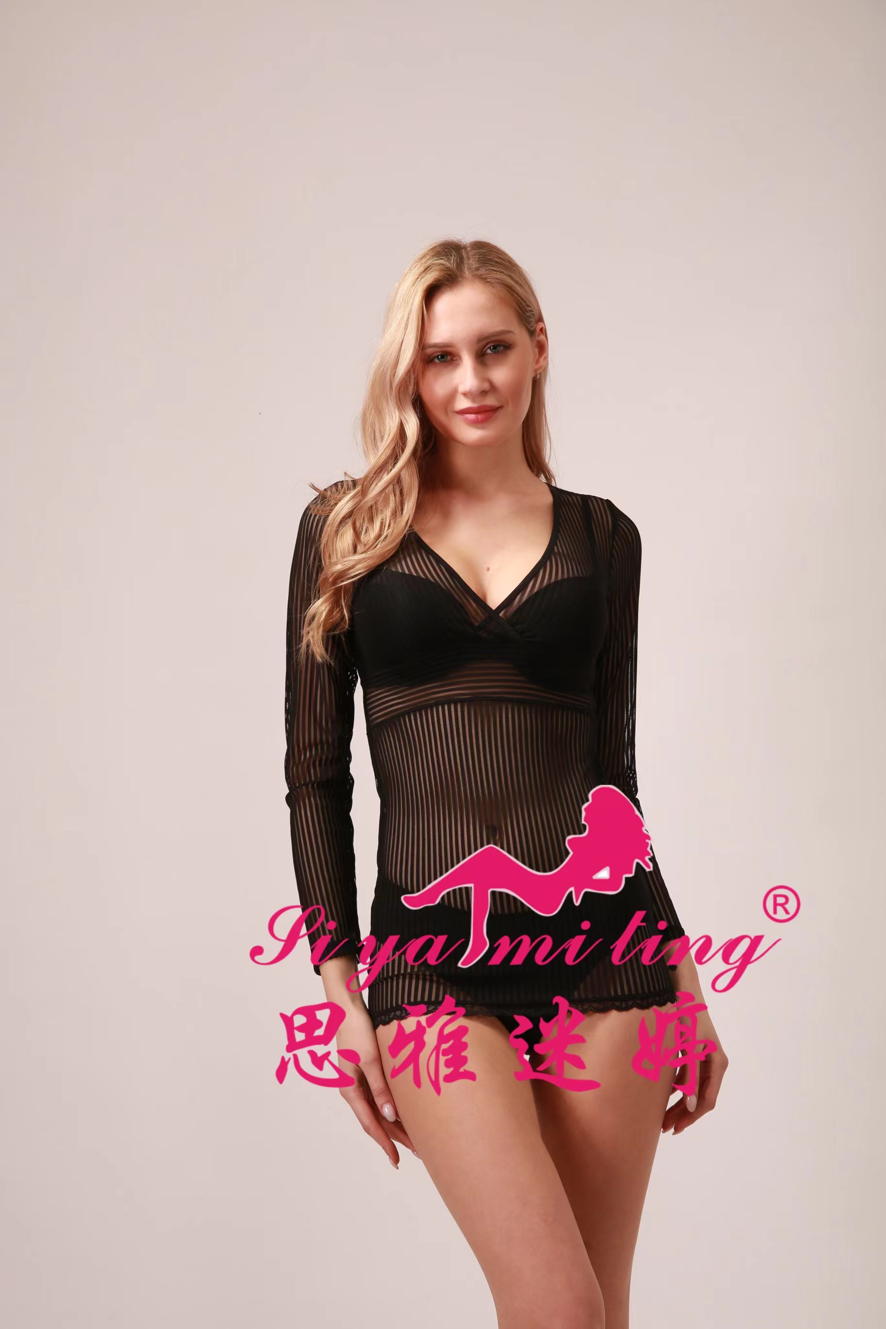 A seductive and sexy long-sleeved, striped V-neck, transparent, alluring and charming tight dress