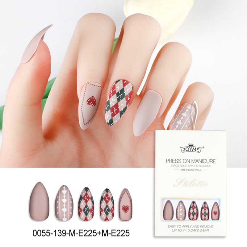 新款磨砂哑光圣诞风裸色自然尖头美甲贴片丝带雾面美甲贴穿戴式指甲贴片甲片