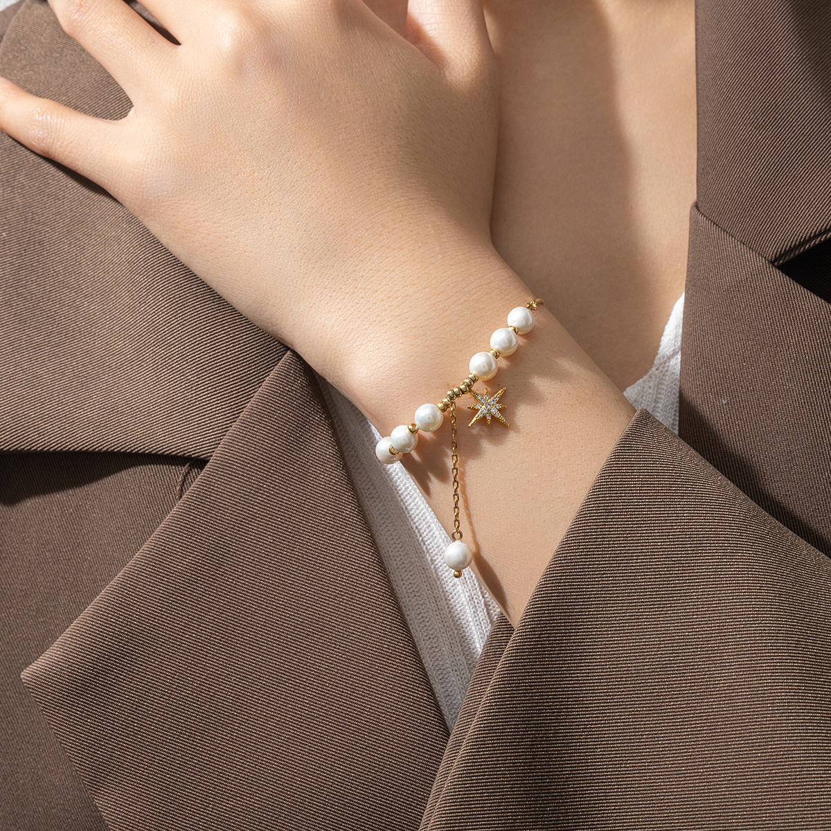 旭晖品牌手链铜镀真金镶锆石女性芒星时尚手链饰品手链潮流百搭手串手链情侣款