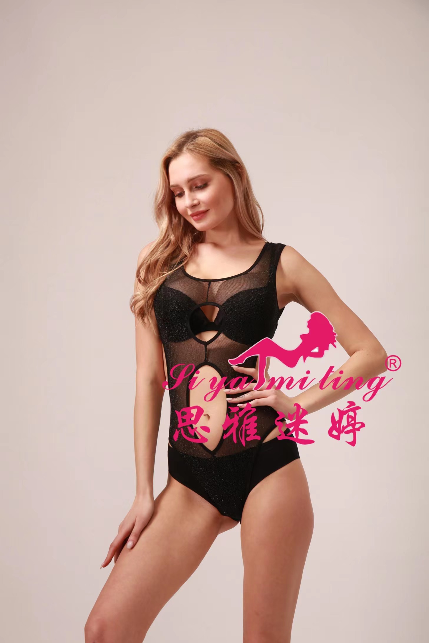 A seductive and sexy sleeveless dress with a low-neck, cut-out and transparent design, which is alluring and charming, is a tight-fitting bed jumpsuit