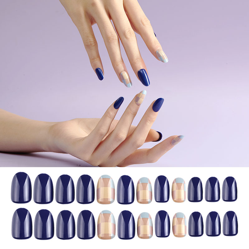 The latest INS oval-shaped, naturally slender, royal blue wearable nail art patch with ribbon matte nail art patch finished product Specification image