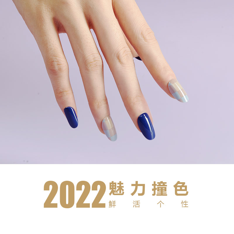 The latest INS oval-shaped, naturally slender, royal blue wearable nail art patch with ribbon matte nail art patch finished product details Picture