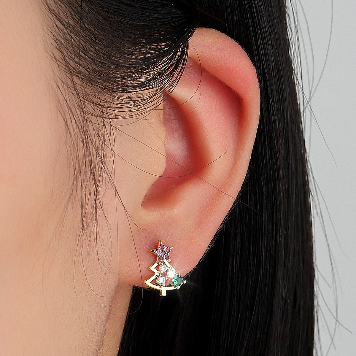 旭晖品牌精致轻奢铜镀真金镶锆石925银针圣诞元素彩色设计时尚耳钉耳坠