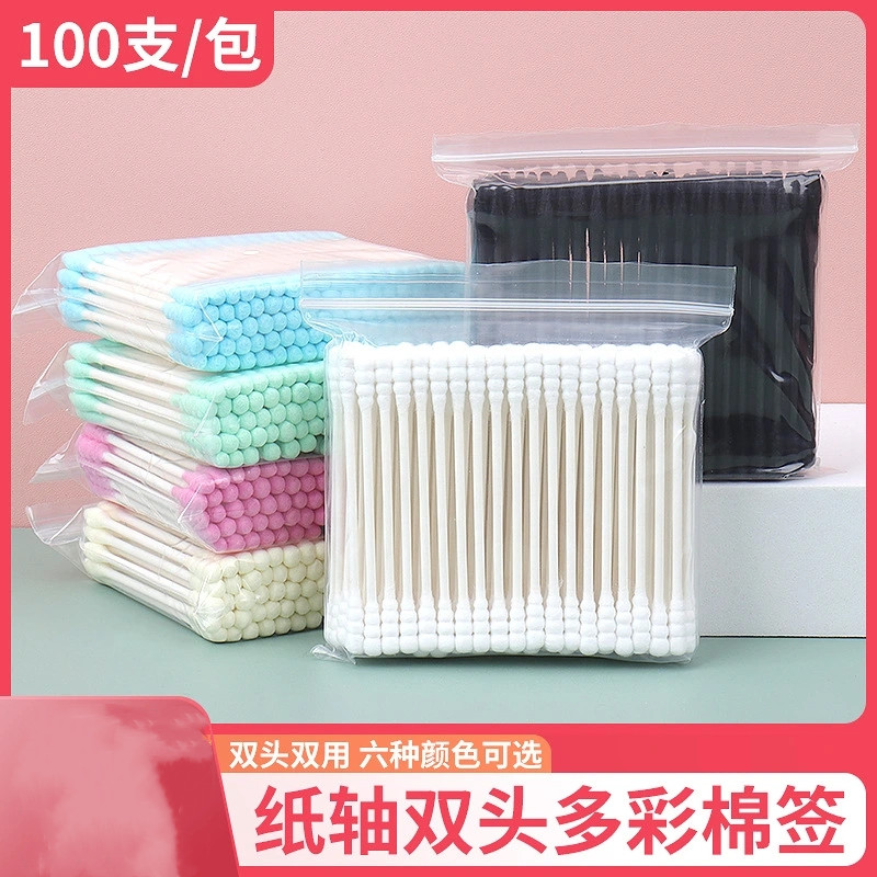Wholesale multi-color paper axis double-headed cotton swabs, disposable makeup cleaning cotton swabs, ear cleaning wooden cotton swabs 100 per bag shanilak