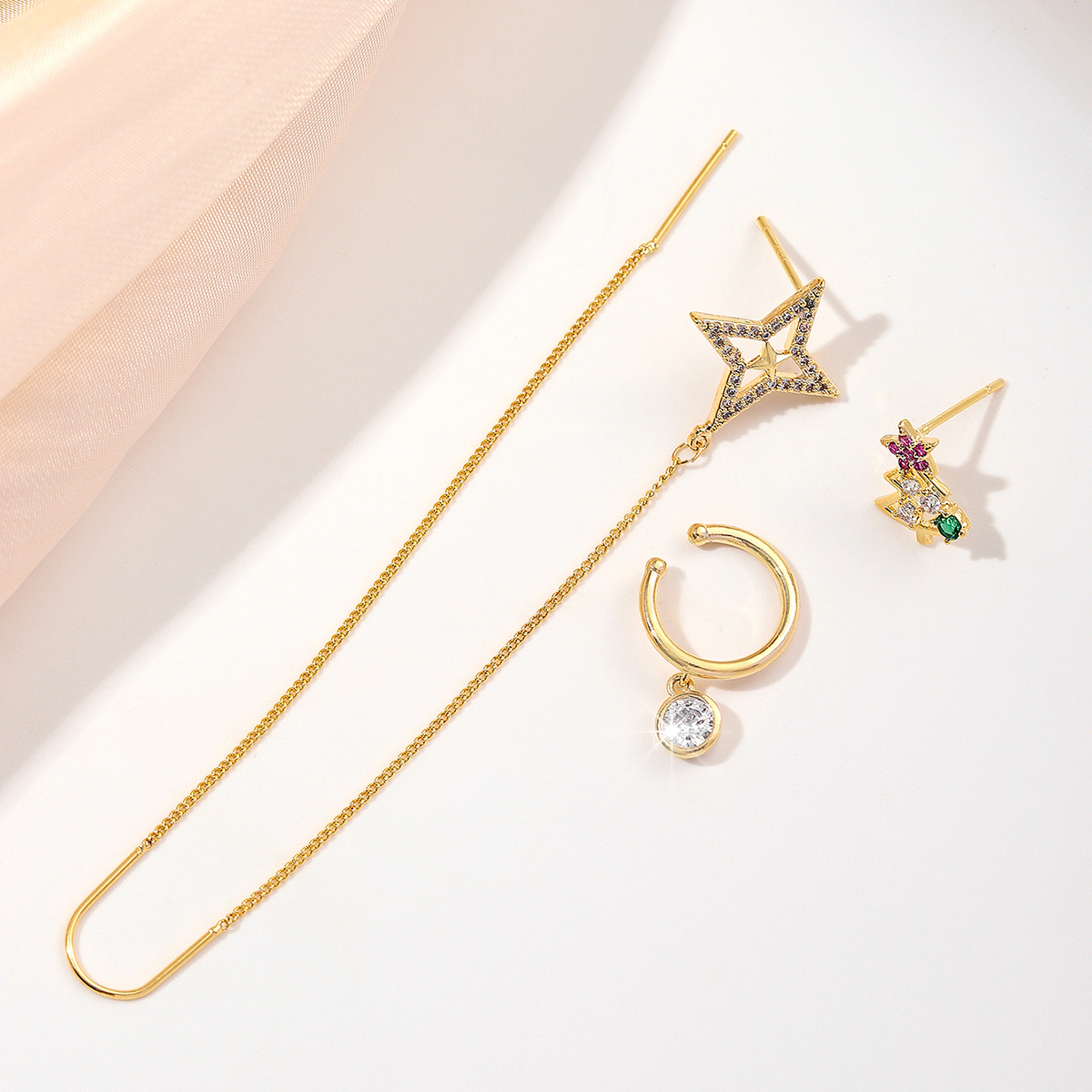 Xuhui brand exquisite and light luxury copper plated with real gold and zircon 925 silver needle star design fashionable stud earrings and ear hooks