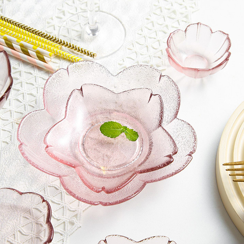 樱花玻璃碗碟创意粉色玻璃盘现货批发家用干果碟蘸料盘盘子品味人生010