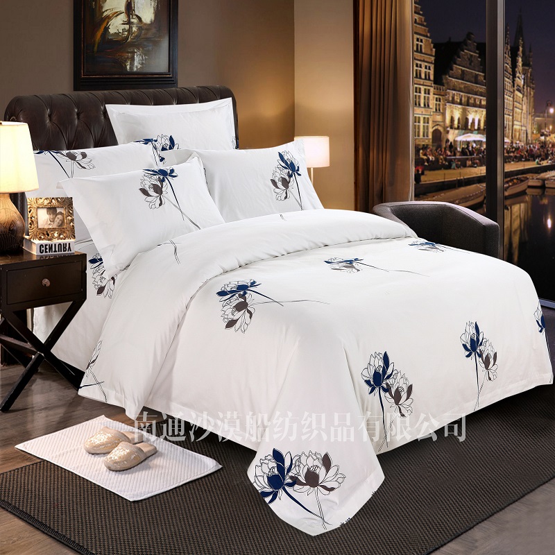 Bingti Lotus High-end Hotel four-piece bedding set, made of all-cotton Gongsatin fabric and featuring high-end printing techniques, is a homestay hotel pic 1