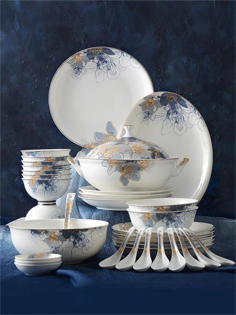 Huaguang National Porcelain Bone China Tableware Set, Bowl and Plate Set, Home Light Luxury European-style Gift box, Dreamy Capri