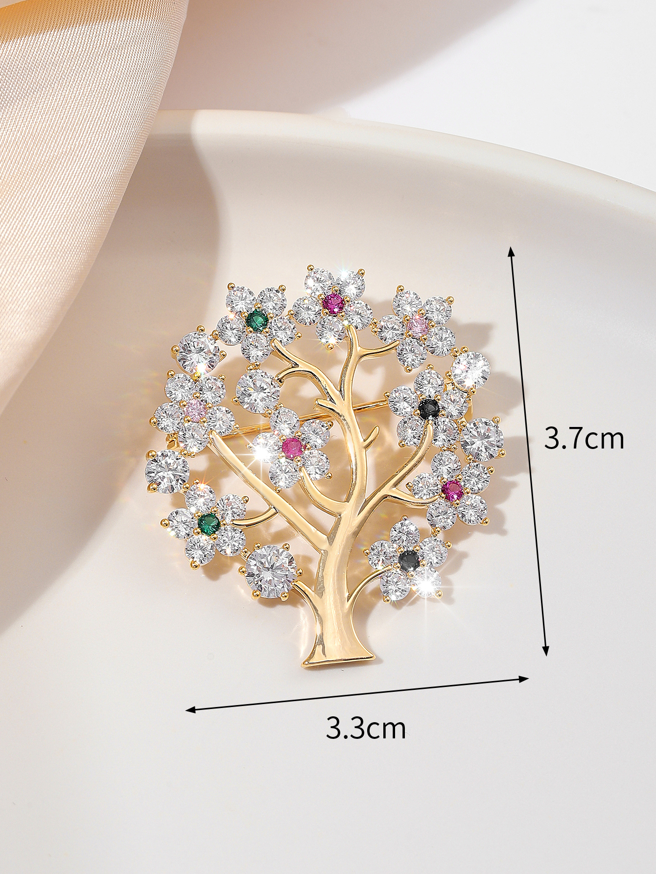 旭晖品牌精品 铜镀真金镶锆石 发财树高品质气质优雅胸针细节图