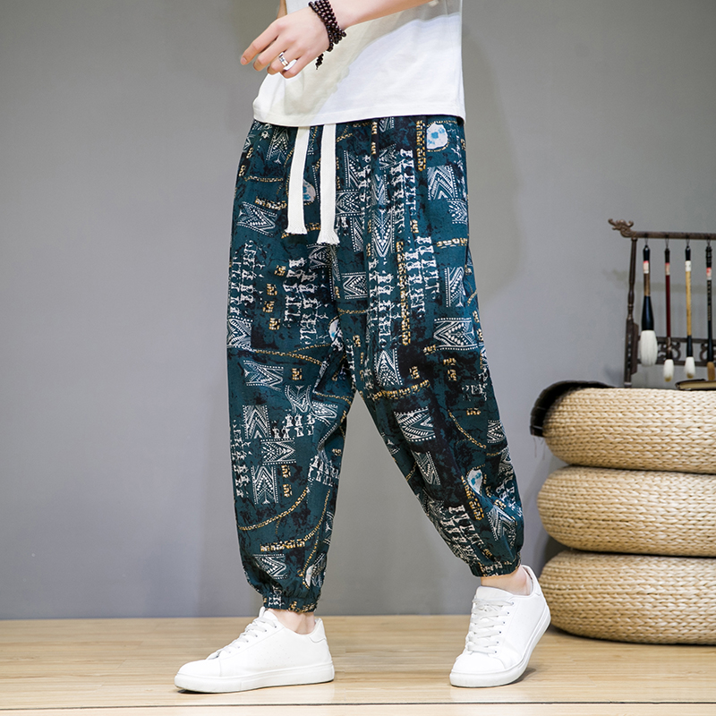 Men's 9-inch pants, thin linen baggy pants, summer loose tight-fitting Harun casual pants, plate-size beach flower pants details Picture